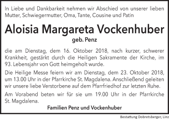 Traueranzeige von Aloisia Margareta Vockenhuber von OÖNachrichten