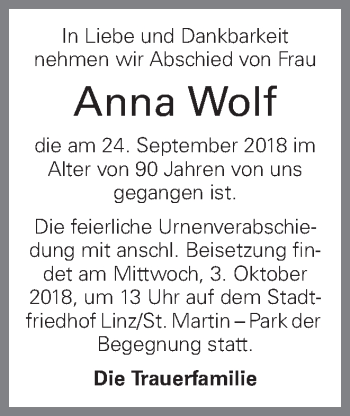 Traueranzeige von Anna Wolf von OÖNachrichten