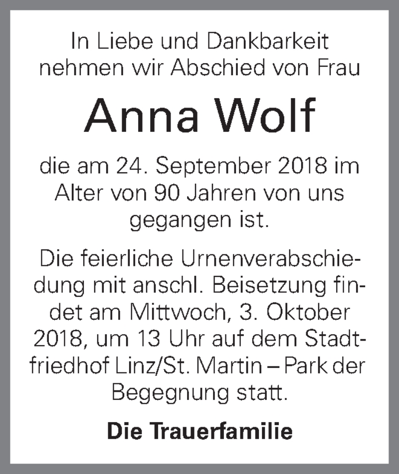  Traueranzeige für Anna Wolf vom 29.09.2018 aus OÖNachrichten