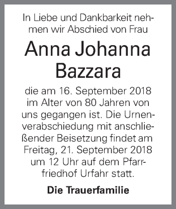 Traueranzeige von Anna Johanna Bazzara von OÖNachrichten