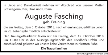 Traueranzeige von Auguste Fasching von OÖNachrichten