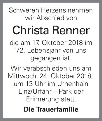 Traueranzeige von Christa Renner von OÖNachrichten