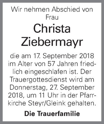 Traueranzeige von Christa Ziebermayr von OÖNachrichten