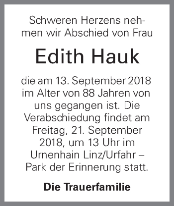 Traueranzeige von Edith Hauk von OÖNachrichten