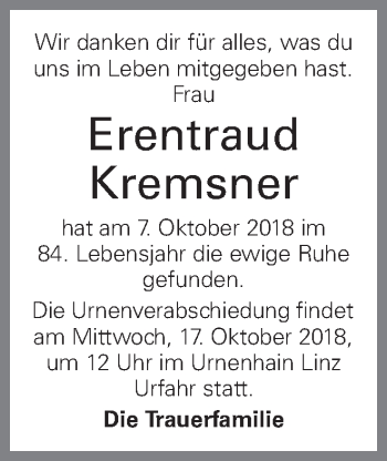 Traueranzeige von Erentraud Kremsner von OÖNachrichten