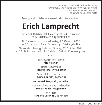 Traueranzeige von Erich Lamprecht von OÖNachrichten