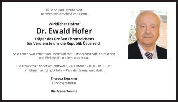 Traueranzeige von Ewald Hofer von OÖNachrichten