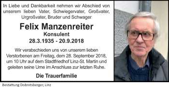 Traueranzeige von Felix Manzenreiter von OÖNachrichten