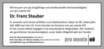 Traueranzeige von Franz Stauber von OÖNachrichten