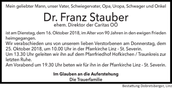 Traueranzeige von Franz Stauber von OÖNachrichten