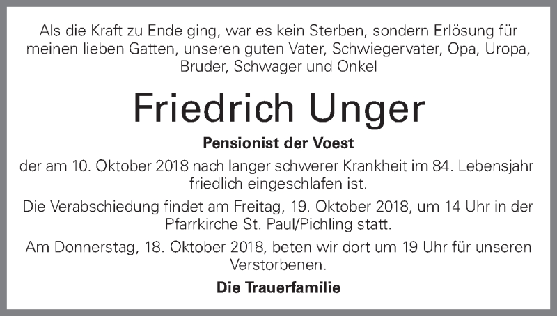  Traueranzeige für Friedrich Unger vom 13.10.2018 aus OÖNachrichten