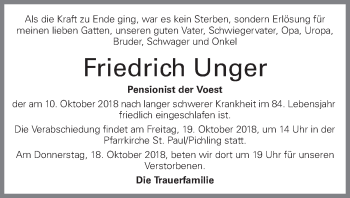 Traueranzeige von Friedrich Unger von OÖNachrichten