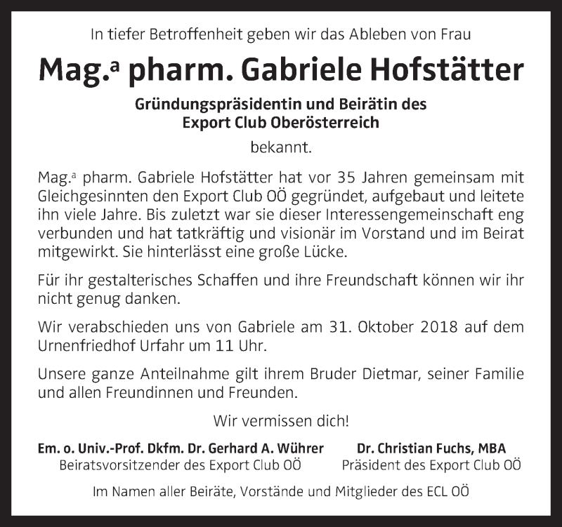  Traueranzeige für Gabriele Hofstätter vom 20.10.2018 aus OÖNachrichten