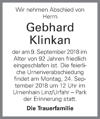 Traueranzeige von Gebhard Klinkan von OÖNachrichten