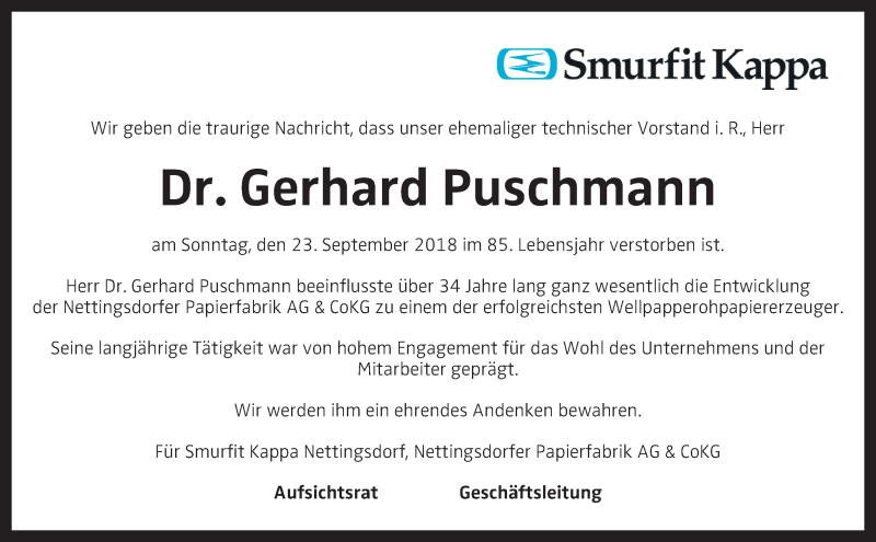  Traueranzeige für Gerhard Puschmann vom 29.09.2018 aus OÖNachrichten