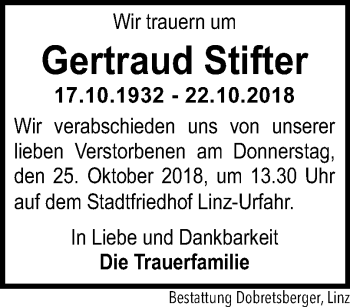 Traueranzeige von Gertraud Stifter von OÖNachrichten