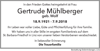 Traueranzeige von Gertrude Mühlberger von OÖNachrichten