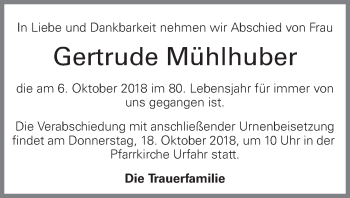 Traueranzeige von Gertrude Mühlhuber von OÖNachrichten
