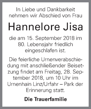 Traueranzeige von Hannelore Jisa von OÖNachrichten
