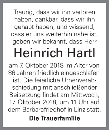 Traueranzeige von Heinrich Hartl von OÖNachrichten