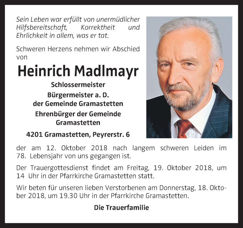  Traueranzeige für Heinrich Madlmayr vom 13.10.2018 aus OÖNachrichten