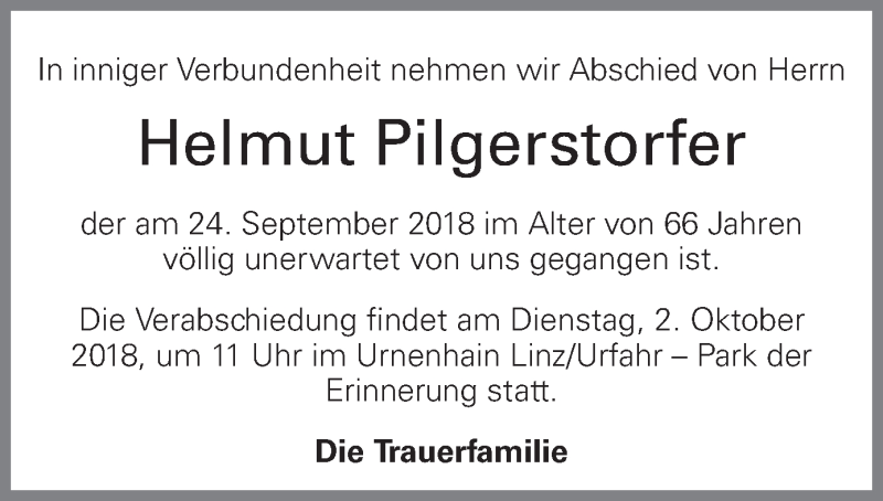  Traueranzeige für Helmut Pilgerstorfer vom 28.09.2018 aus OÖNachrichten