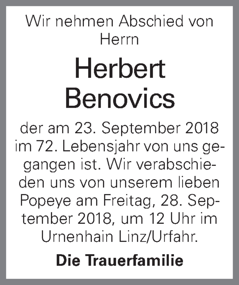  Traueranzeige für Herbert Benovics vom 26.09.2018 aus OÖNachrichten
