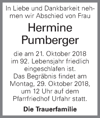 Traueranzeige von Hermine Pumberger von OÖNachrichten