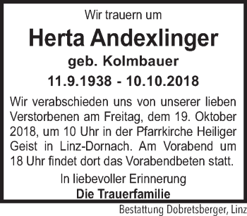 Traueranzeige von Herta Andexlinger von OÖNachrichten