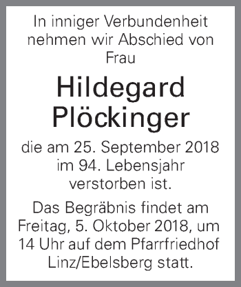 Traueranzeige von Hildegard Plöckinger von OÖNachrichten