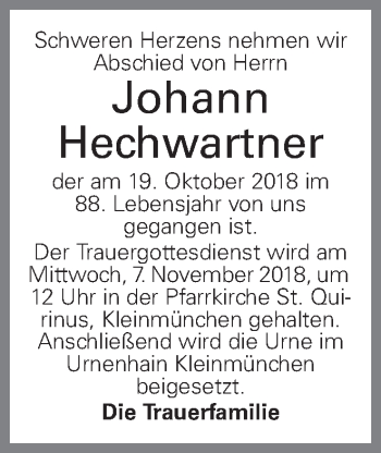 Traueranzeige von Johann Hechwartner von OÖNachrichten