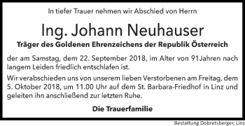 Traueranzeige von Johann Neuhauser von OÖNachrichten