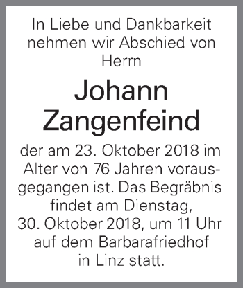 Traueranzeige von Johann Zangenfeind von OÖNachrichten