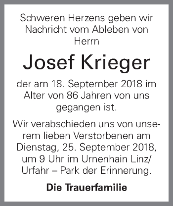 Traueranzeige von Josef Krieger von OÖNachrichten