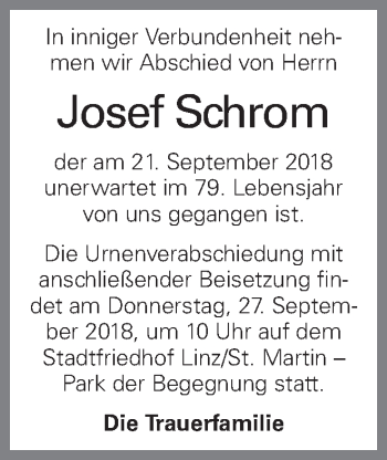 Traueranzeige von Josef Schrom von OÖNachrichten