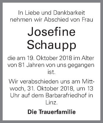 Traueranzeige von Josefine Schaupp von OÖNachrichten