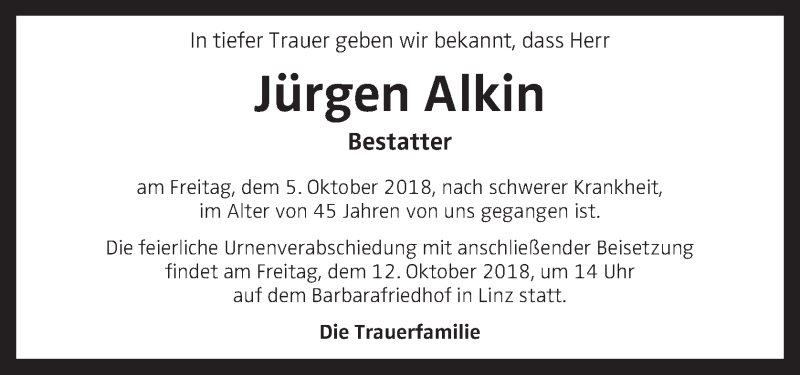 Traueranzeige für Jürgen Alkin vom 10.10.2018 aus OÖNachrichten