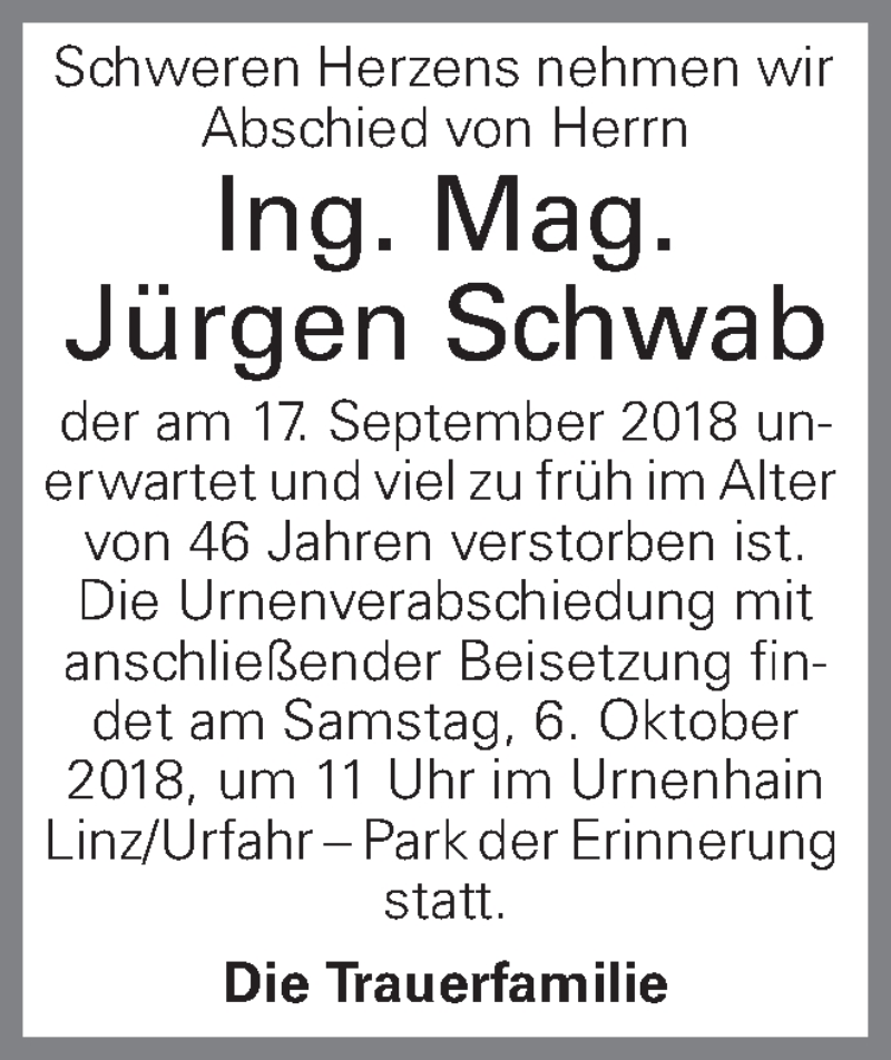 Traueranzeige für Jürgen Schwab vom 03.10.2018 aus OÖNachrichten