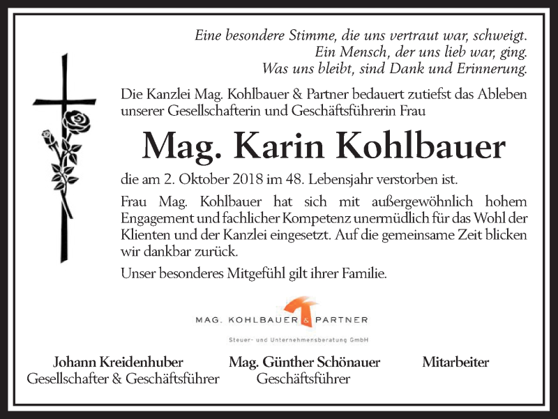  Traueranzeige für Karin Kohlbauer vom 06.10.2018 aus OÖNachrichten