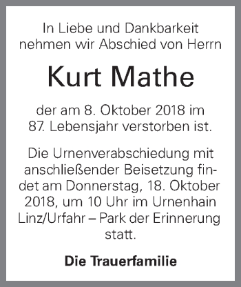 Traueranzeige von Kurt Mathe von OÖNachrichten