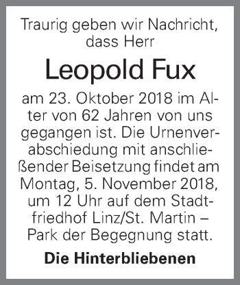 Traueranzeige von Leopold Fux von OÖNachrichten