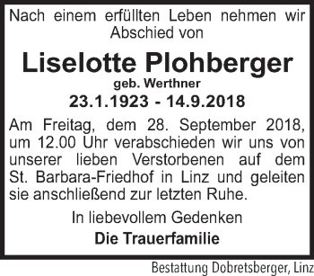 Traueranzeige von Liselotte Plohberger von OÖNachrichten