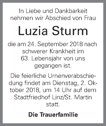 Traueranzeige von Luzia Sturm von OÖNachrichten