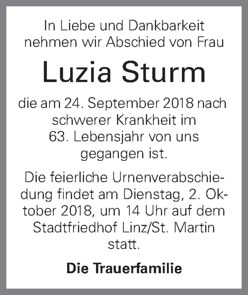  Traueranzeige für Luzia Sturm vom 28.09.2018 aus OÖNachrichten