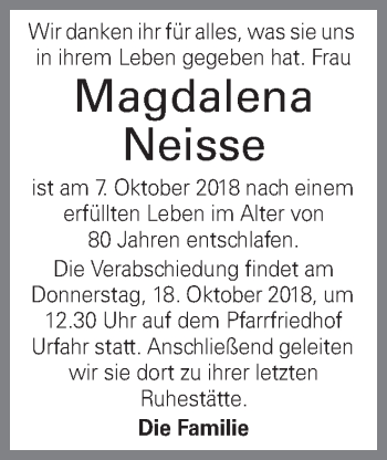 Traueranzeige von Magdalena Neisse von OÖNachrichten