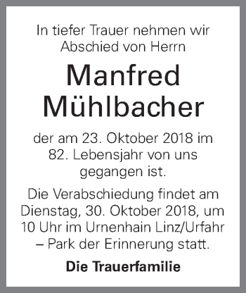 Traueranzeige von Manfred Mühlbacher von OÖNachrichten