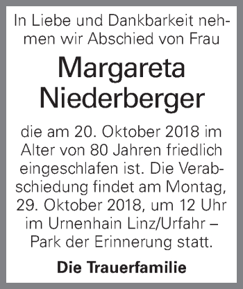 Traueranzeige von Margareta Niederberger von OÖNachrichten
