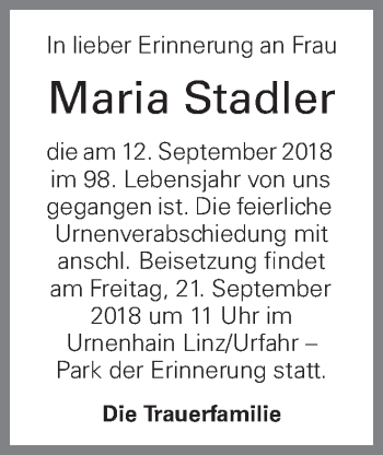 Traueranzeige von Maria Stadler von OÖNachrichten