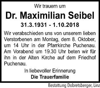 Traueranzeige von Maximilian Seibel von OÖNachrichten