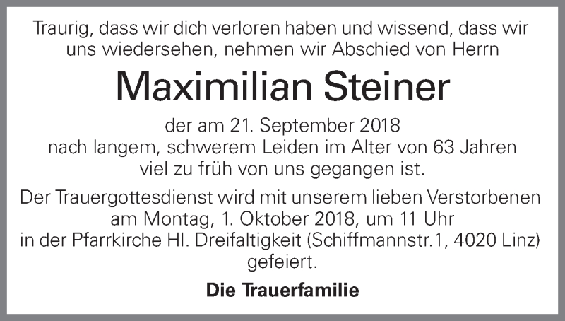  Traueranzeige für Maximilian Steiner vom 26.09.2018 aus OÖNachrichten